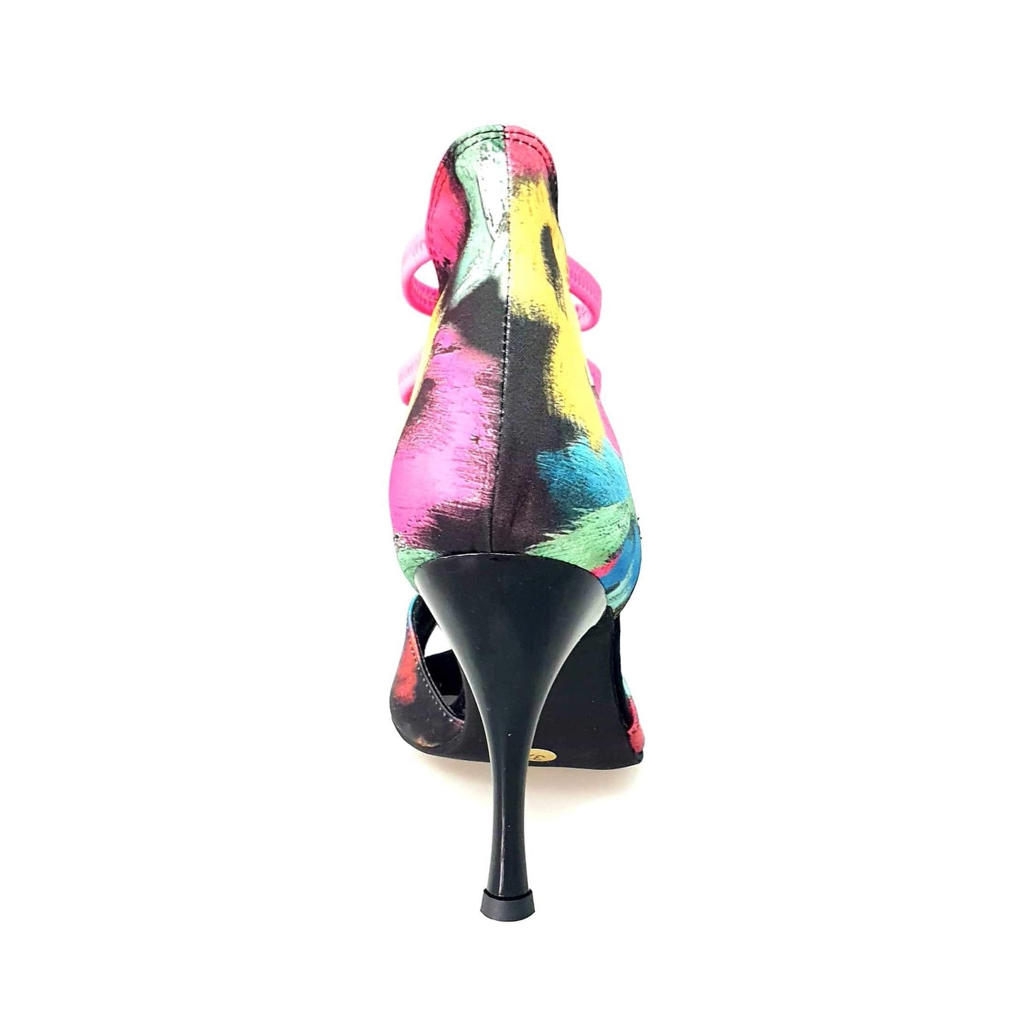 Sandalo da donna Iris Fantasy Fuchsia Wish Dance Shop con tessuto Picasso nero, elastici fucsia e tacco a spillo smaltato nero.