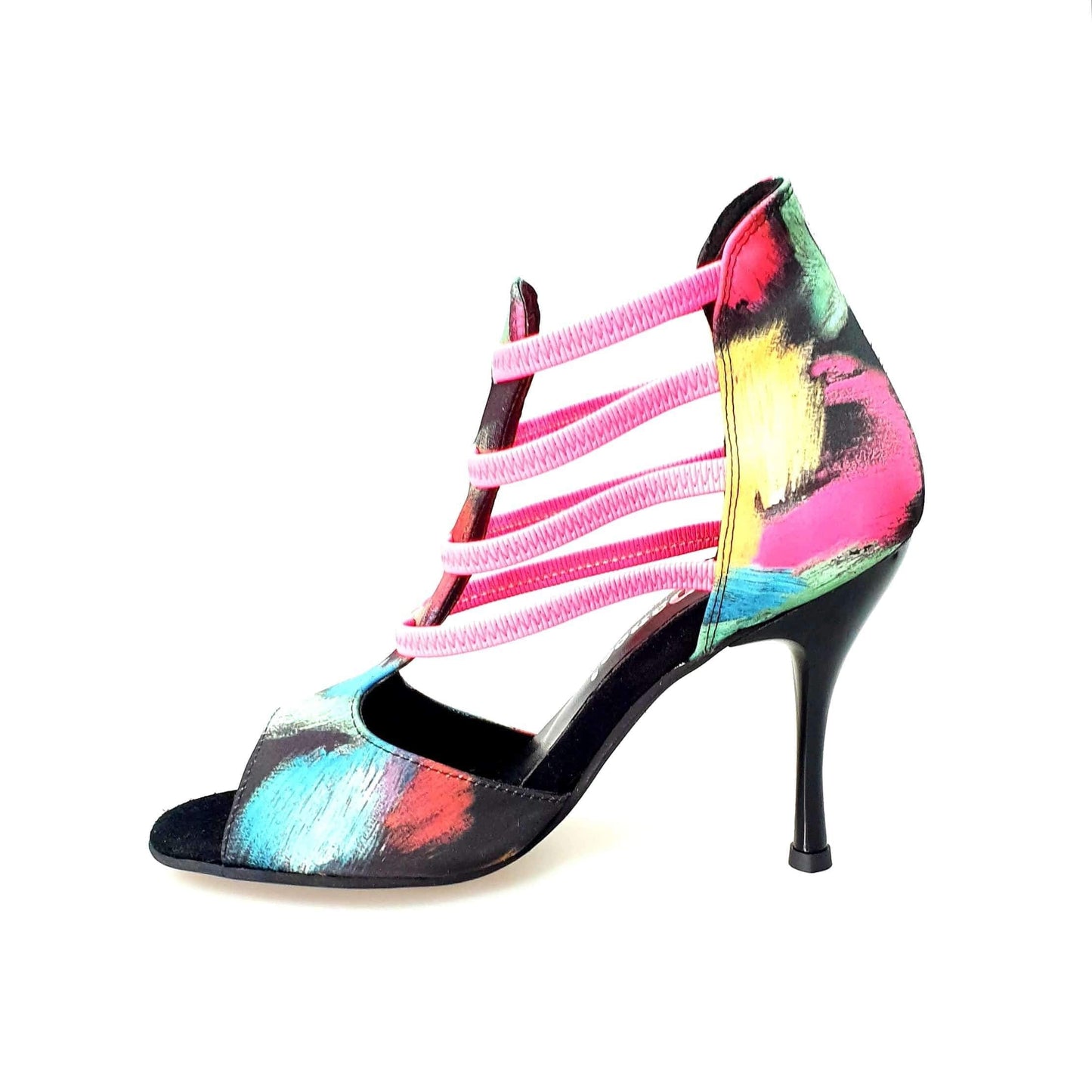 Sandalo da donna Iris Fantasy Fuchsia Wish Dance Shop con tessuto Picasso nero, elastici fucsia e tacco a spillo smaltato nero