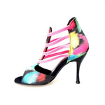 Load image into Gallery viewer, Iris Fantasy Fuchsia (460PW) - Woman&#39;s Sandal in Black Picasso Fabric with Fuchsia Elastics and Black Enameled Stiletto Heel
