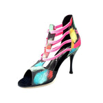 Load image into Gallery viewer, Iris Fantasy Fuchsia (460PW) - Woman&#39;s Sandal in Black Picasso Fabric with Fuchsia Elastics and Black Enameled Stiletto Heel
