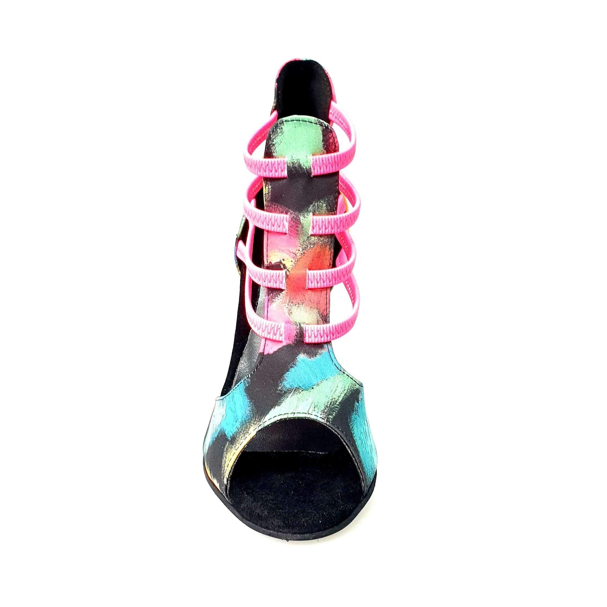 Sandalo da donna Iris Fantasy Fuchsia Wish Dance Shop in tessuto Picasso nero con elastici fucsia e tacco a spillo smaltato nero.