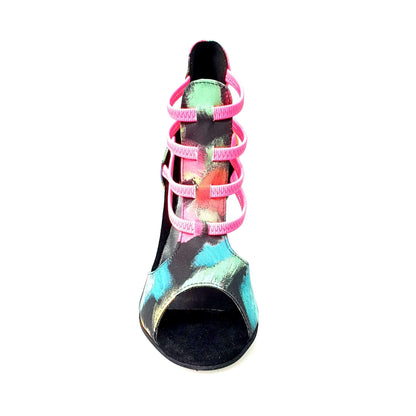 Sandalo da donna Iris Fantasy Fuchsia Wish Dance Shop in tessuto Picasso nero con elastici fucsia e tacco a spillo smaltato nero.