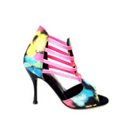 Load image into Gallery viewer, Iris Fantasy Fuchsia (460PW) - Woman&#39;s Sandal in Black Picasso Fabric with Fuchsia Elastics and Black Enameled Stiletto Heel
