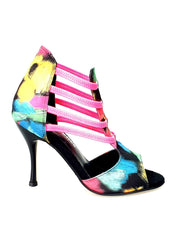 Carica immagine nella Galleria, Iris Fantasy Fuchsia (460PW) - Sandalo da Donna in Tessuto Picasso Nero con Elastici Fucsia e Tacco a spillo smaltato Nero
