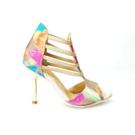 Load image into Gallery viewer, Iris Fantasy Green Gold (460PW) - Woman&#39;s Sandal in Green Picasso Fabric with Elastics and Gold Laminated Stiletto Heel
