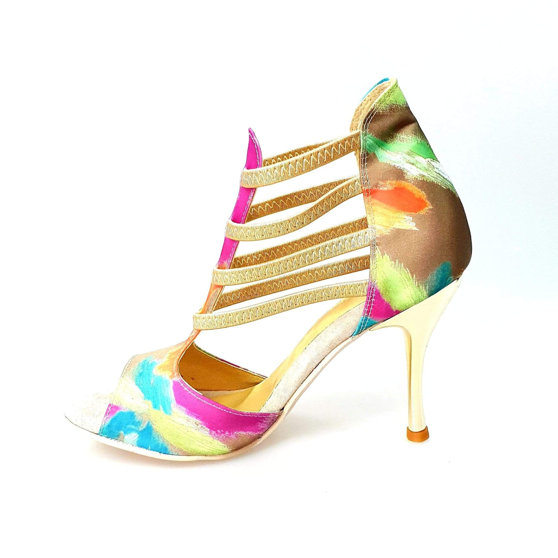 Scarpa da donna Iris Fantasy Green Gold Wish Dance Shop, sandalo in tessuto verde con elastici e tacco laminato oro.