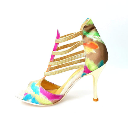 Scarpa da donna Iris Fantasy Green Gold Wish Dance Shop, sandalo in tessuto verde con elastici e tacco laminato oro.