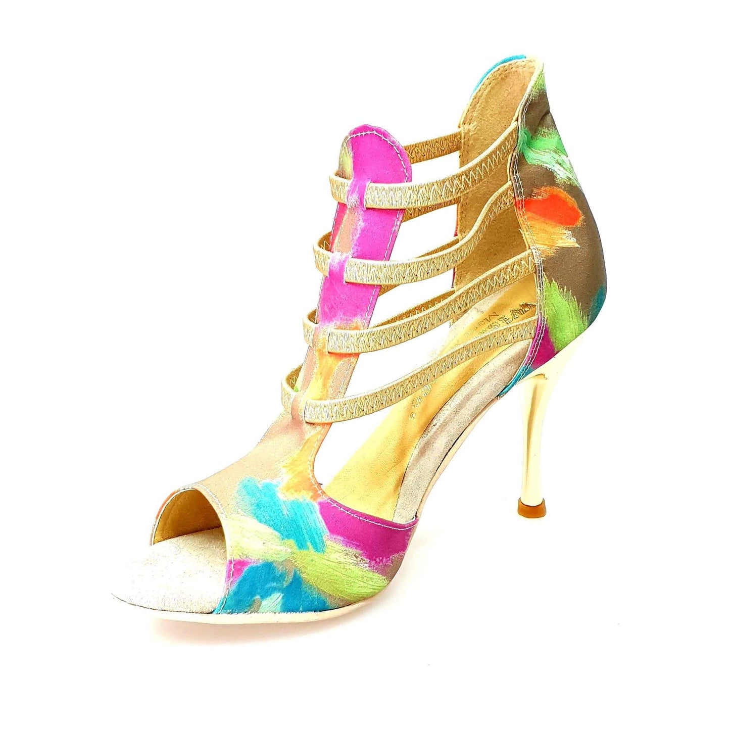 Scarpa da donna Iris Fantasy Green Gold Wish Dance Shop in tessuto Picasso verde con elastici e tacco a spillo laminato oro