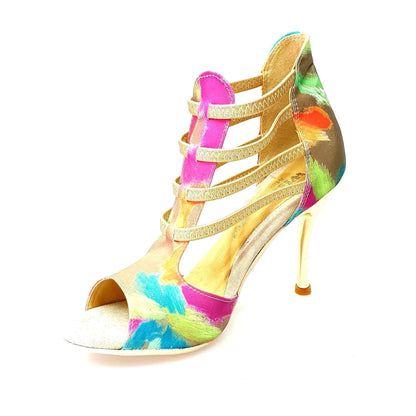 Scarpa da donna Iris Fantasy Green Gold Wish Dance Shop in tessuto Picasso verde con elastici e tacco a spillo laminato oro