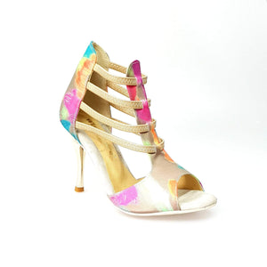 Iris Fantasy Green Gold (460PW) - Woman's Sandal in Green Picasso Fabric with Elastics and Gold Laminated Stiletto Heel