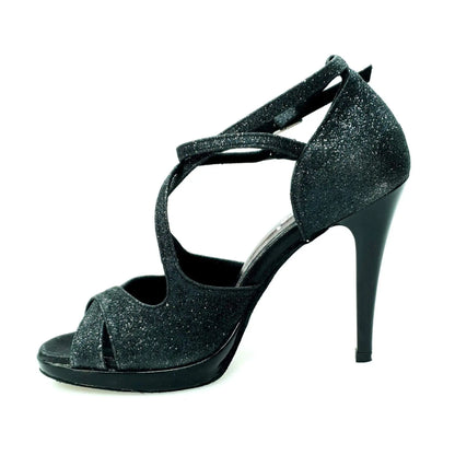 Scarpa Brenda Night Wish Dance Shop in glitter nero, vernice nera, doppio cinturino, tacco largo e plateau.