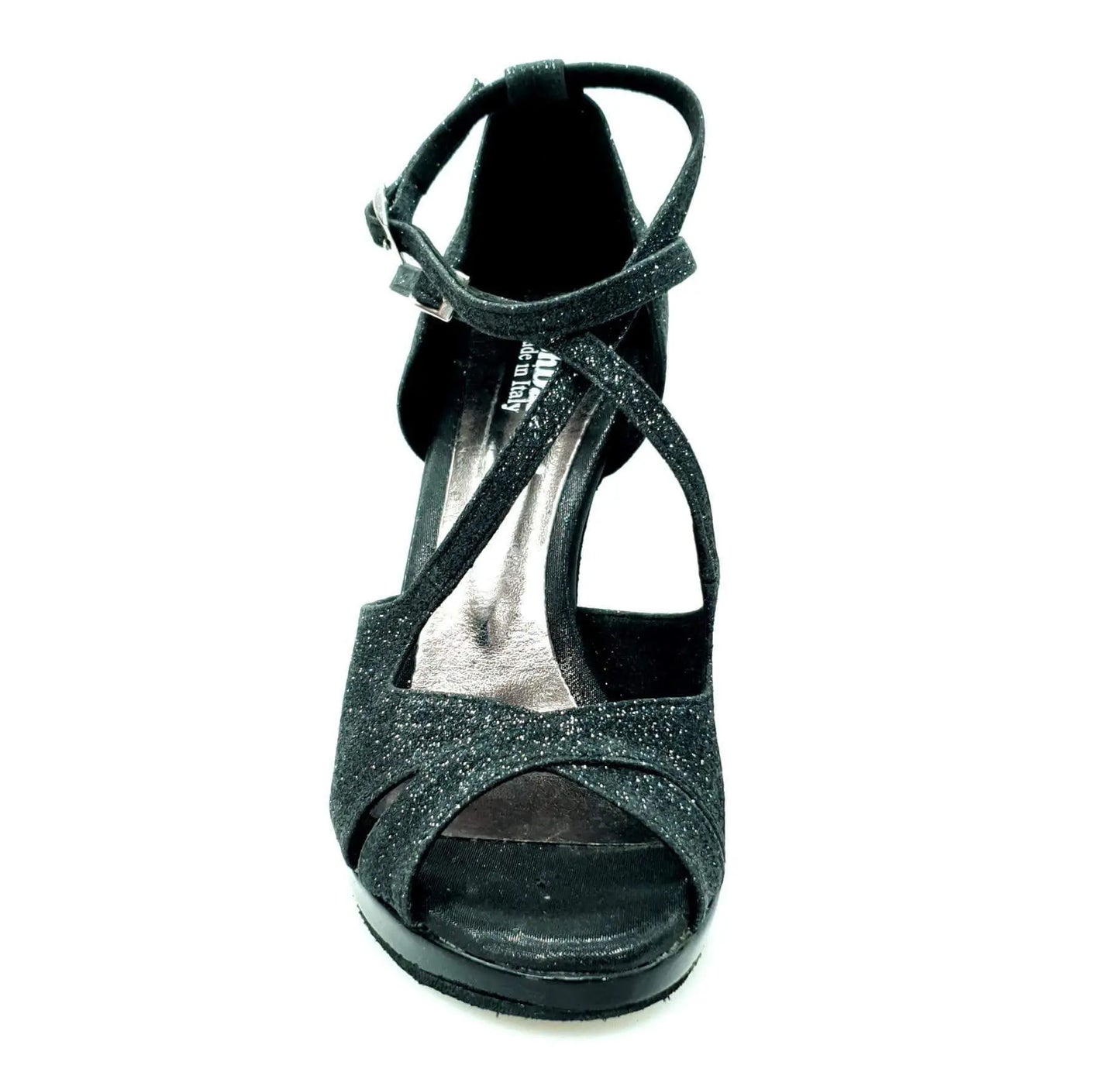 Scarpa Brenda Night Wish Dance Shop in glitter nero e vernice nera con doppio cinturino, tacco a spillo largo e plateau.