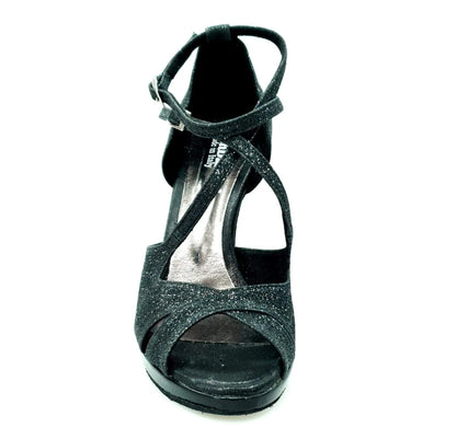 Scarpa Brenda Night Wish Dance Shop in glitter nero e vernice nera con doppio cinturino, tacco a spillo largo e plateau.