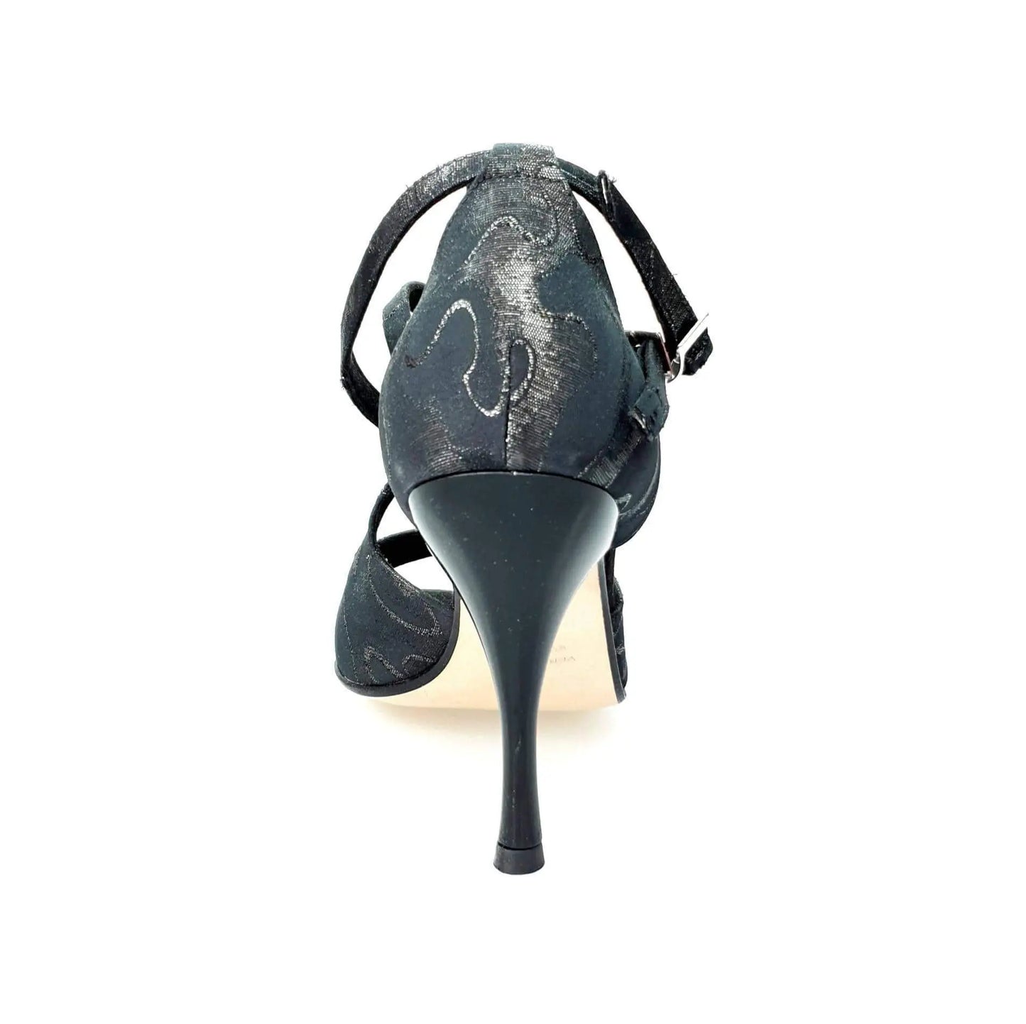 Scarpa Brenda Wish Dance Shop in Robin Argento e nero, cinturino caviglie, incrocio sul colletto e tacco a spillo smaltato nero