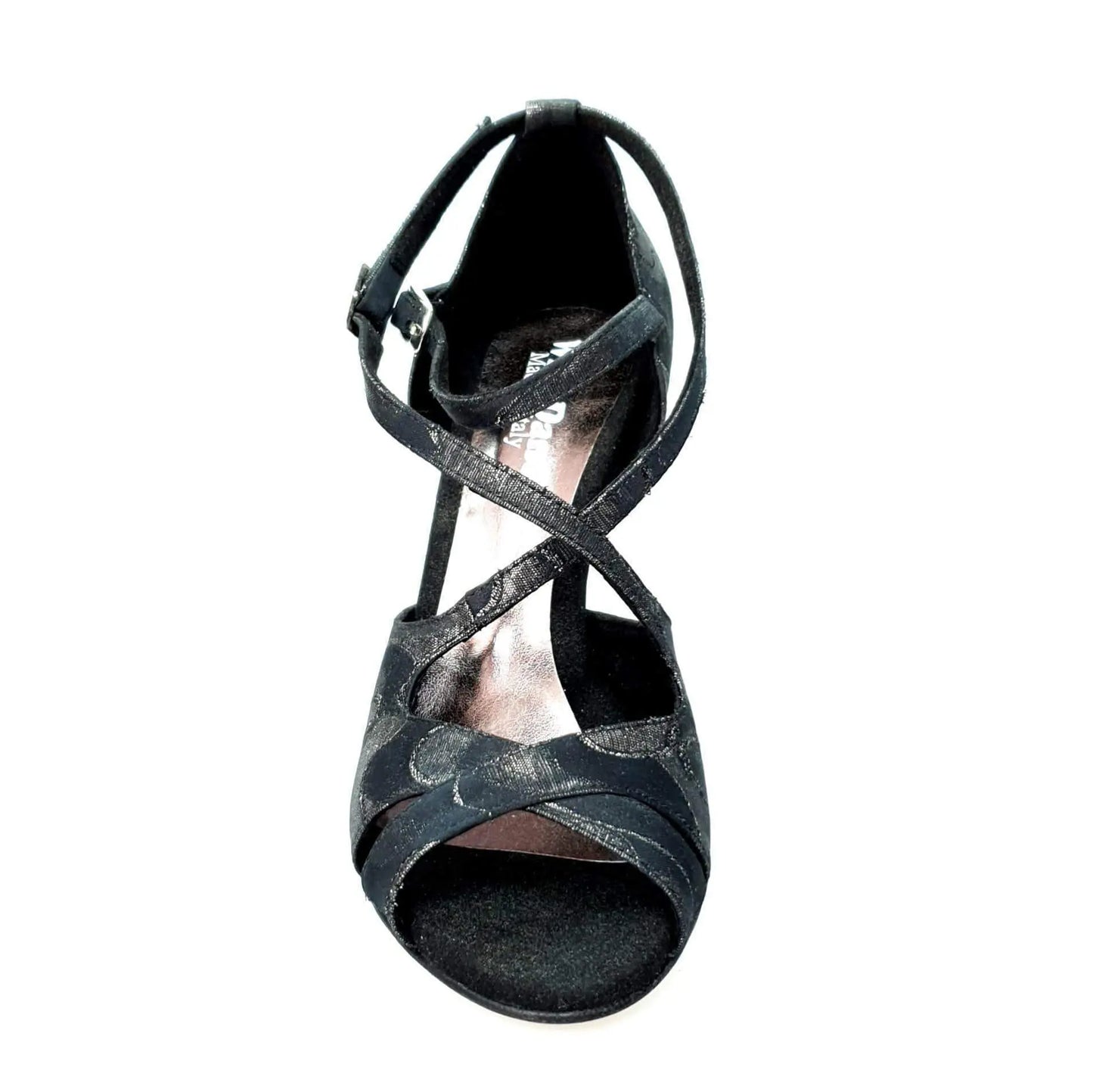 Scarpa Brenda Wish Dance Shop in Robin Argento e nero con doppio cinturino, incrocio sul collo e tacco a spillo smaltato nero