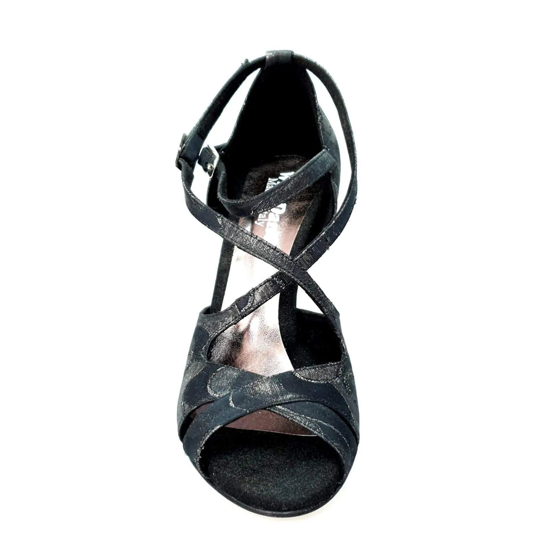 Scarpa Brenda Wish Dance Shop in Robin Argento e nero con doppio cinturino, incrocio sul collo e tacco a spillo smaltato nero