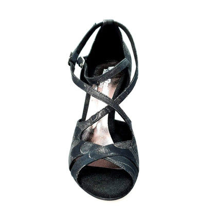 Scarpa Brenda Wish Dance Shop in Robin Argento e nero con doppio cinturino, incrocio sul collo e tacco a spillo smaltato nero