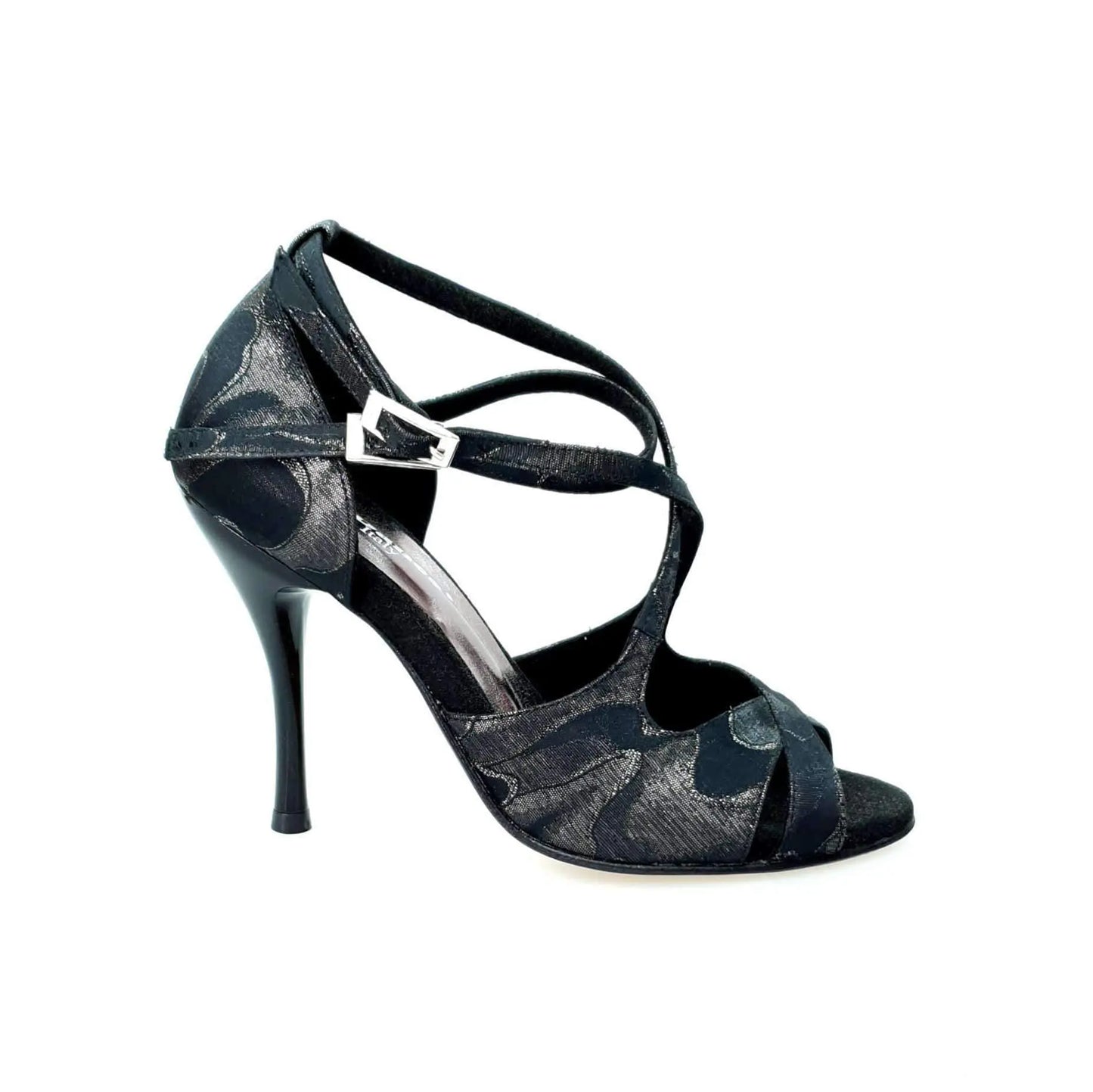 Scarpa Brenda Wish Dance Shop in Robin Argento/nero con cinturini alle caviglie e tacco a spillo smaltato nero.