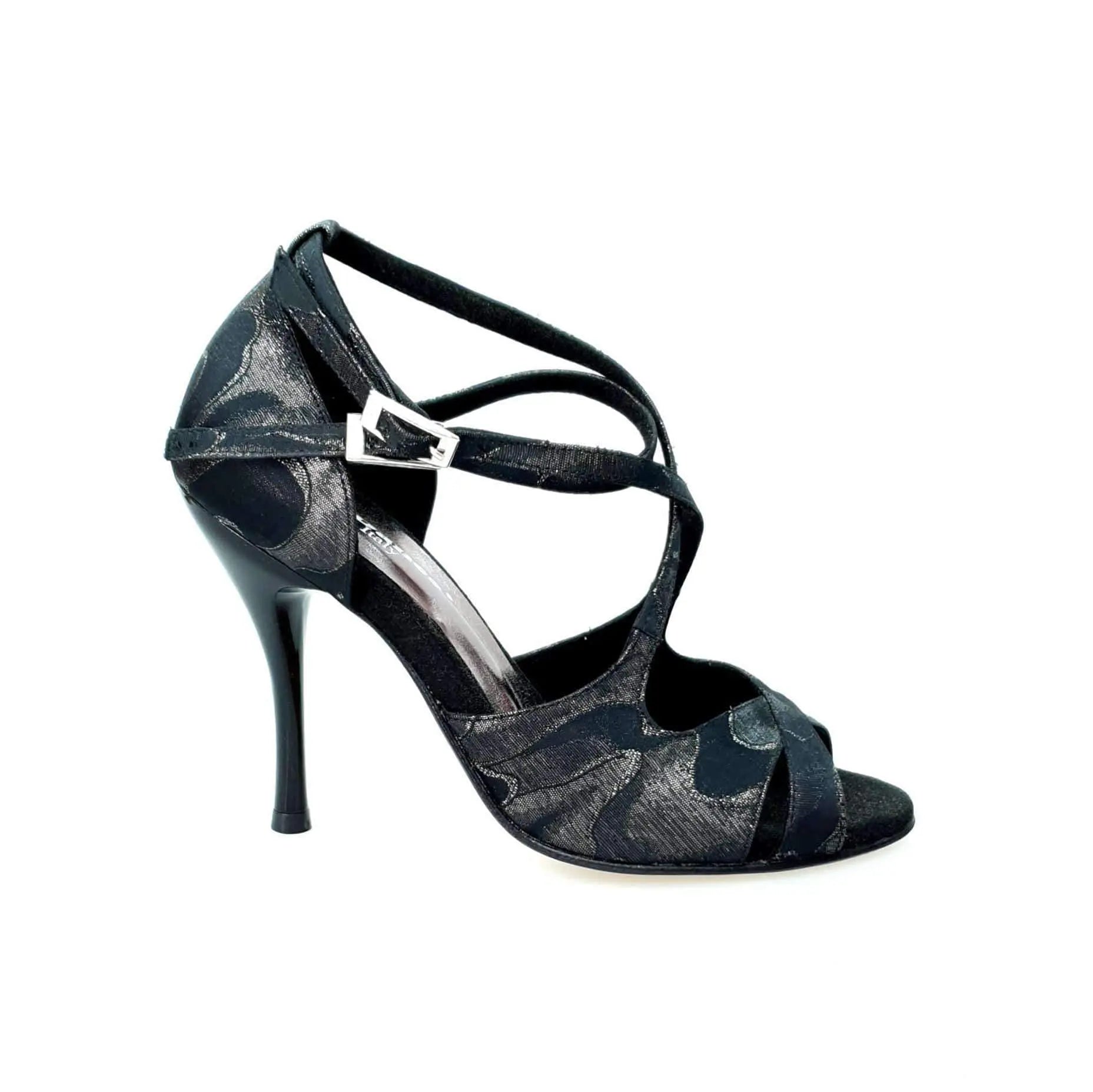 Scarpa Brenda Wish Dance Shop in Robin Argento/nero con cinturini alle caviglie e tacco a spillo smaltato nero.