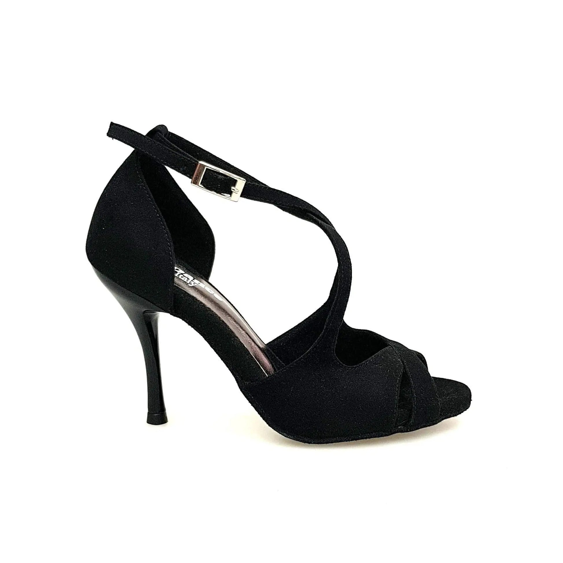 Sandalo Athena (486) da donna in morbido camoscio nero con tacco slim, scarpa elegante di Wish Dance Shop.