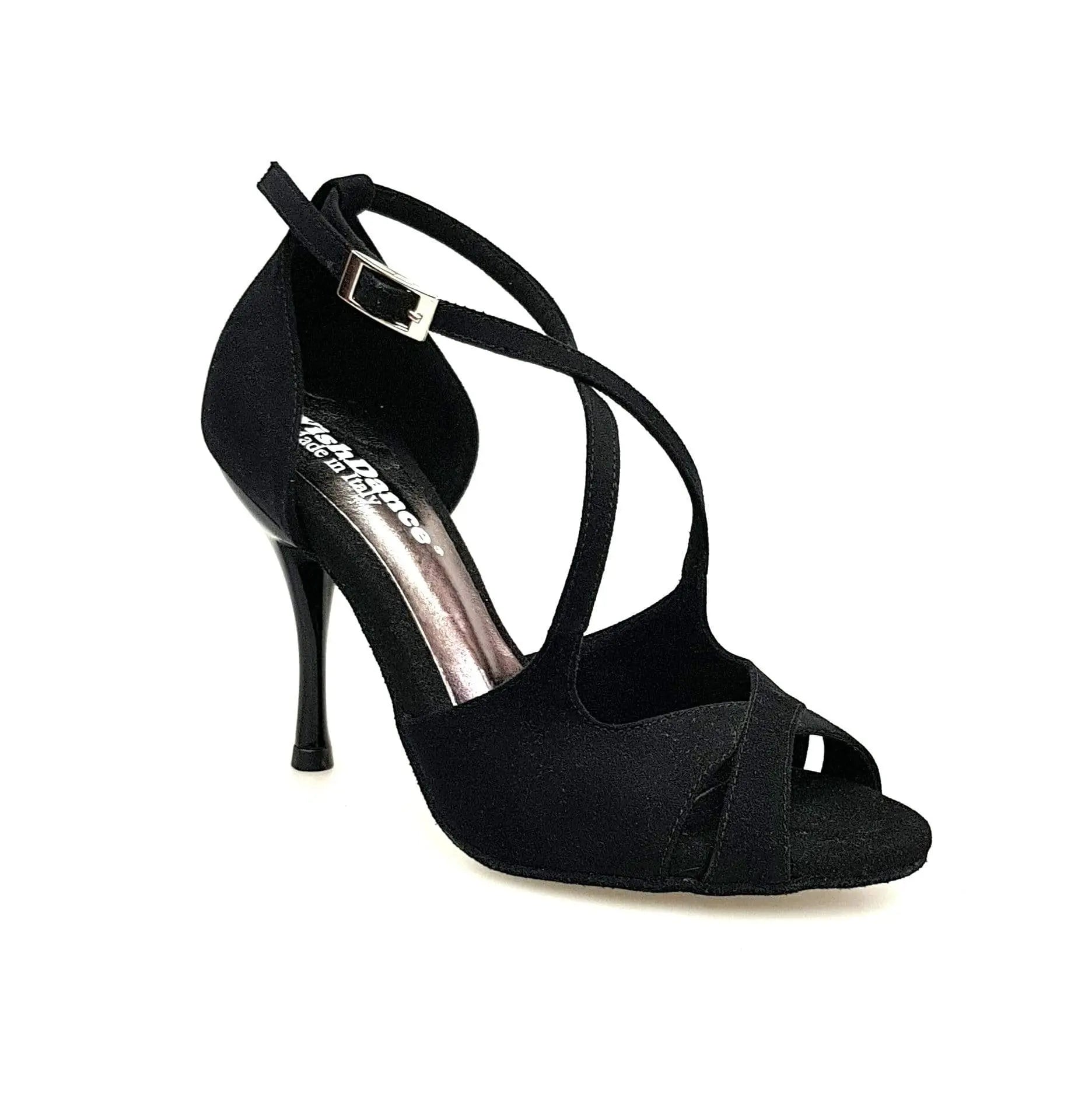 Sandalo Athena (486) da donna in morbido camoscio nero con tacco slim, scarpa elegante di Wish Dance Shop.
