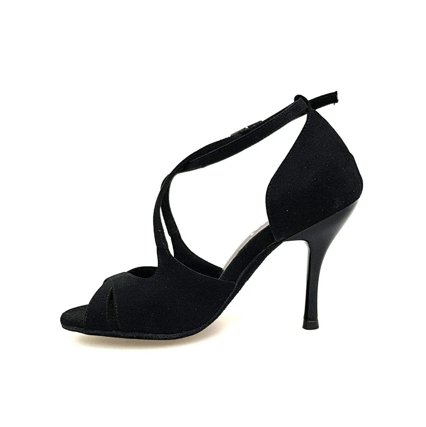 Sandalo donna Athena (486) in morbido camoscio nero con tacco slim, scarpa elegante e comoda di Wish Dance Shop.