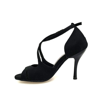 Sandalo donna Athena (486) in morbido camoscio nero con tacco slim, scarpa elegante e comoda di Wish Dance Shop.