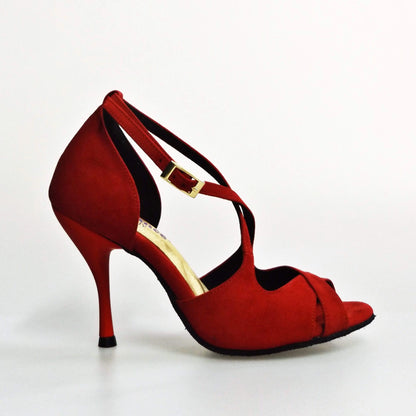 Sandalo donna Athena (486) in morbido camoscio rosso con tacco slim, scarpa elegante Wish Dance Shop, vista frontale.