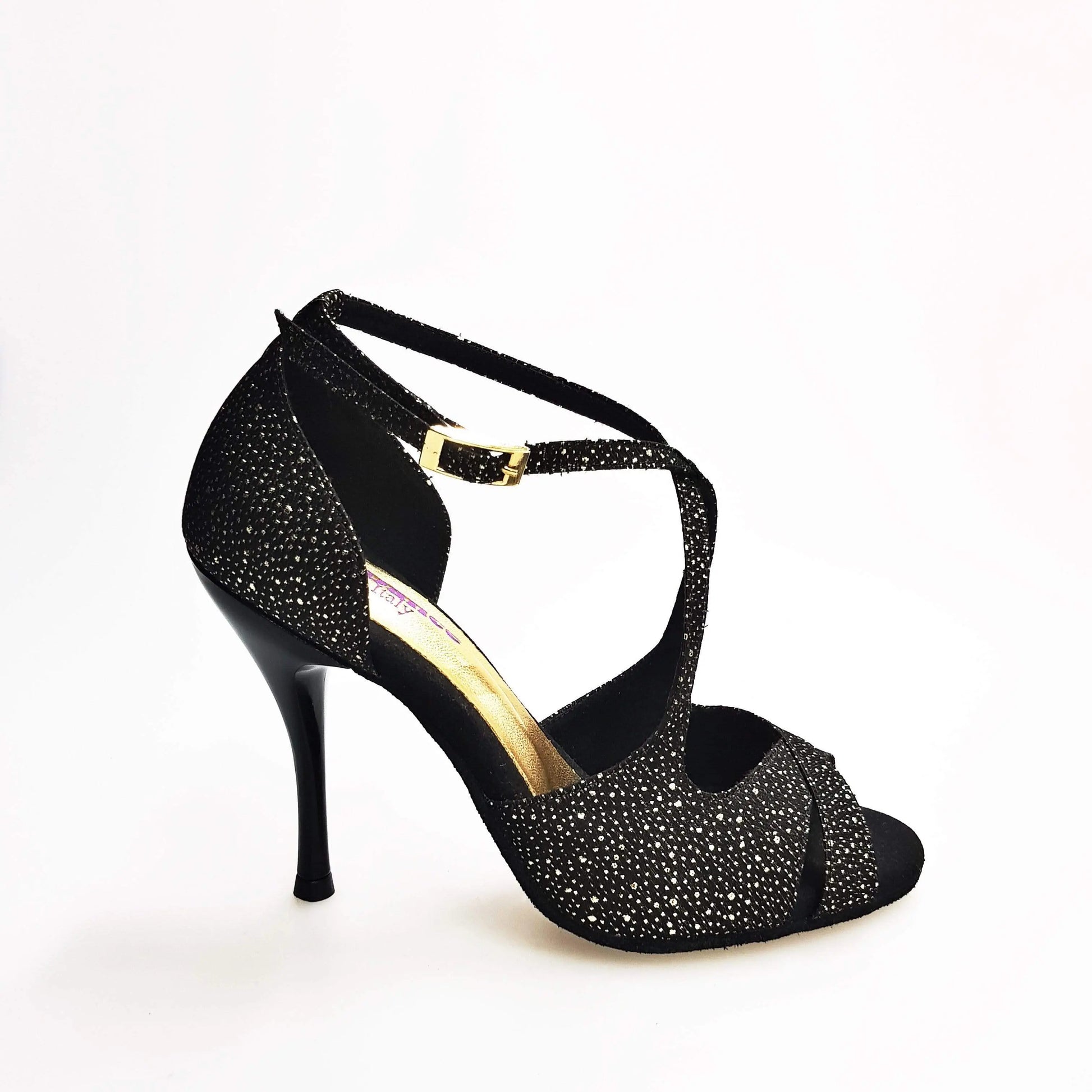 Sandalo da donna Athena Wish Dance Shop in tessuto nero puntinato con dettagli oro e tacco slim, calzatura elegante e comoda.
