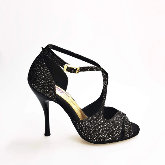 Sandalo da donna Athena Wish Dance Shop in tessuto nero puntinato con dettagli oro e tacco slim, calzatura elegante e comoda.