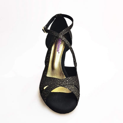 Sandalo donna Athena Wish Dance Shop in tessuto nero puntinato con dettagli oro e tacco slim, scarpa elegante e comoda