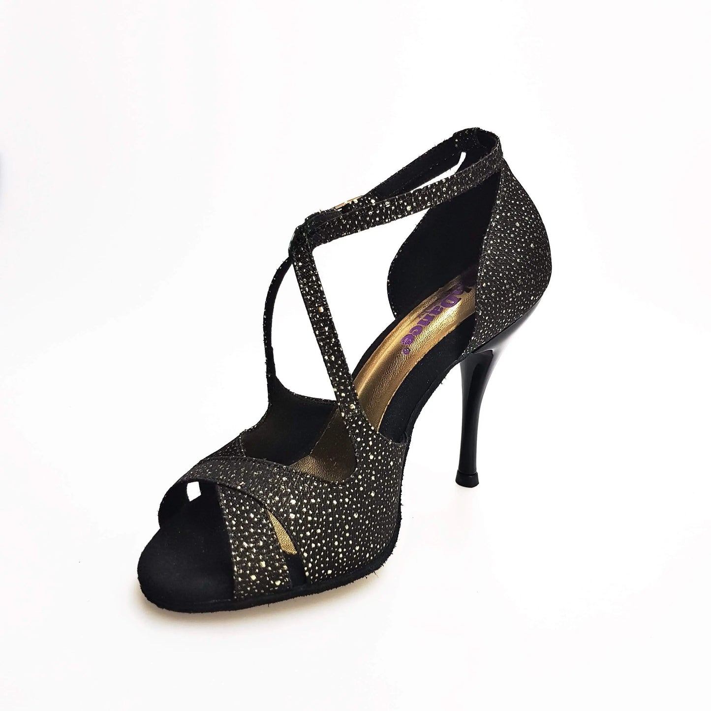 Sandalo donna Athena (486) in tessuto nero puntinato con dettagli oro e tacco slim, scarpa elegante Wish Dance Shop