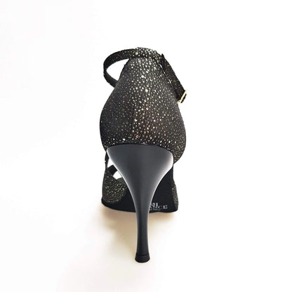 Sandalo da donna Athena Wish Dance Shop in tessuto nero puntinato con dettagli oro e tacco slim, scarpa elegante e alla moda