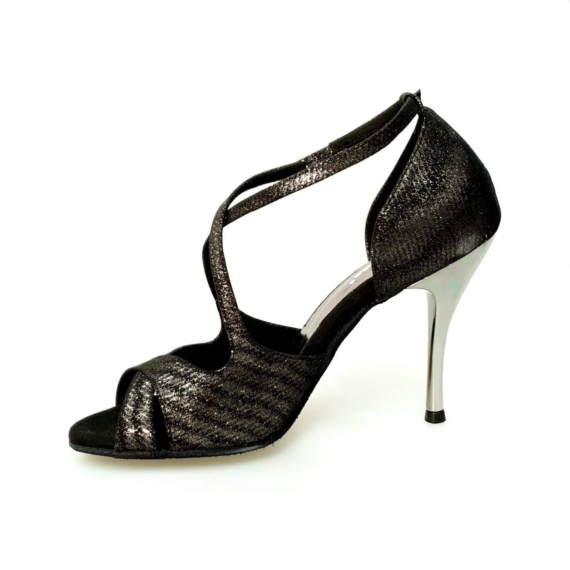 Sandalo donna Athena (486) Wish Dance Shop in tessuto Stella nero con tacco slim, scarpa elegante e comoda.