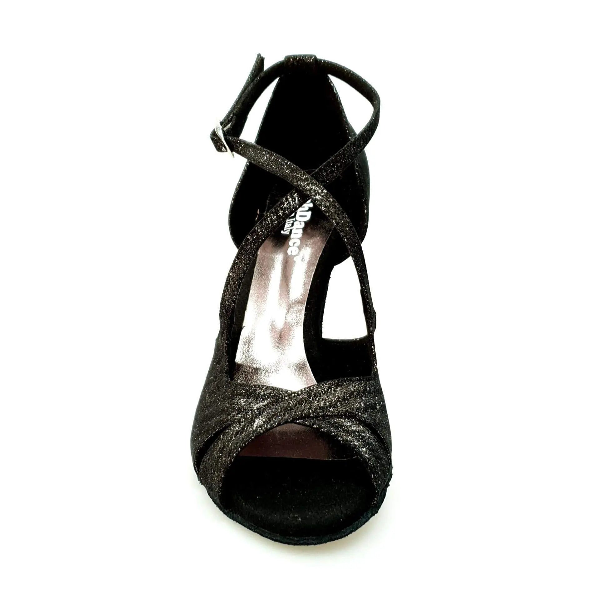 Sandalo donna Athena (486) Wish Dance Shop in tessuto Stella nero con tacco slim, elegante e comodo, vista frontale.