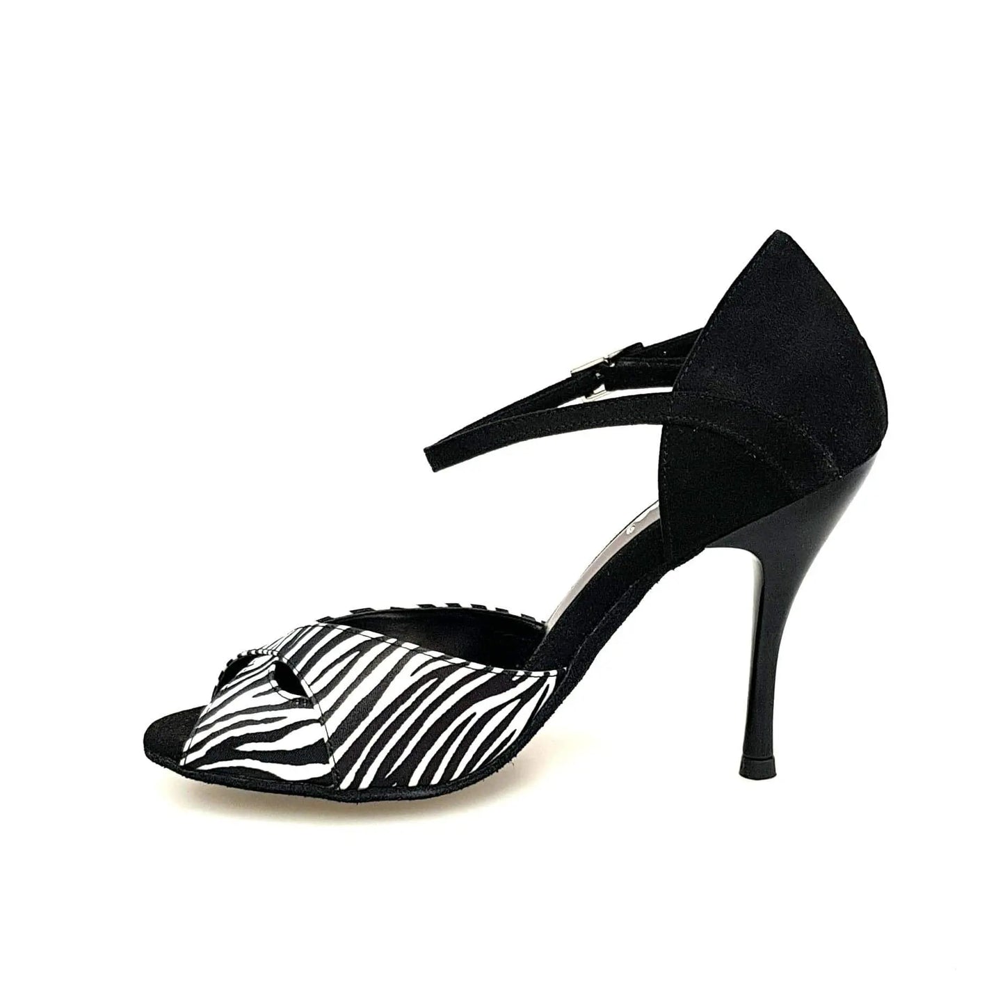 Scarpa da donna Elison QA 620 Wish Dance Shop con raso zebra, tallone in camoscio nero e cinturino alla caviglia.