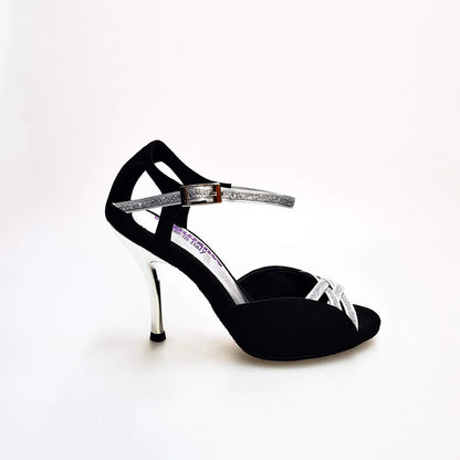 Sandalo donna Morgane Scarlett in camoscio nero con fascette glitter argento e tacco a spillo laminato argento, scarpa Wish Dance Shop