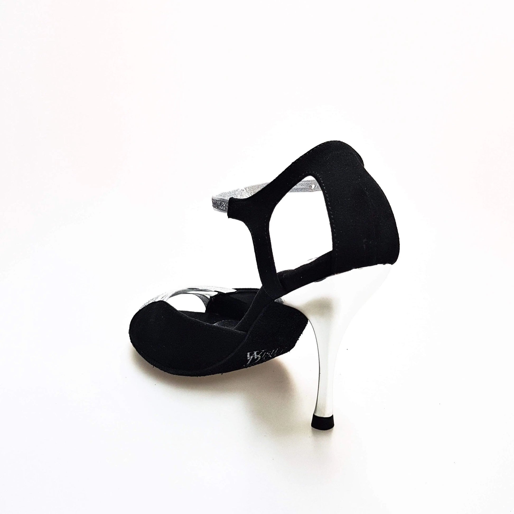 Sandalo da donna Morgane Scarlett Wish Dance Shop in camoscio nero con fascette in glitter argento e tacco a spillo laminato argento.