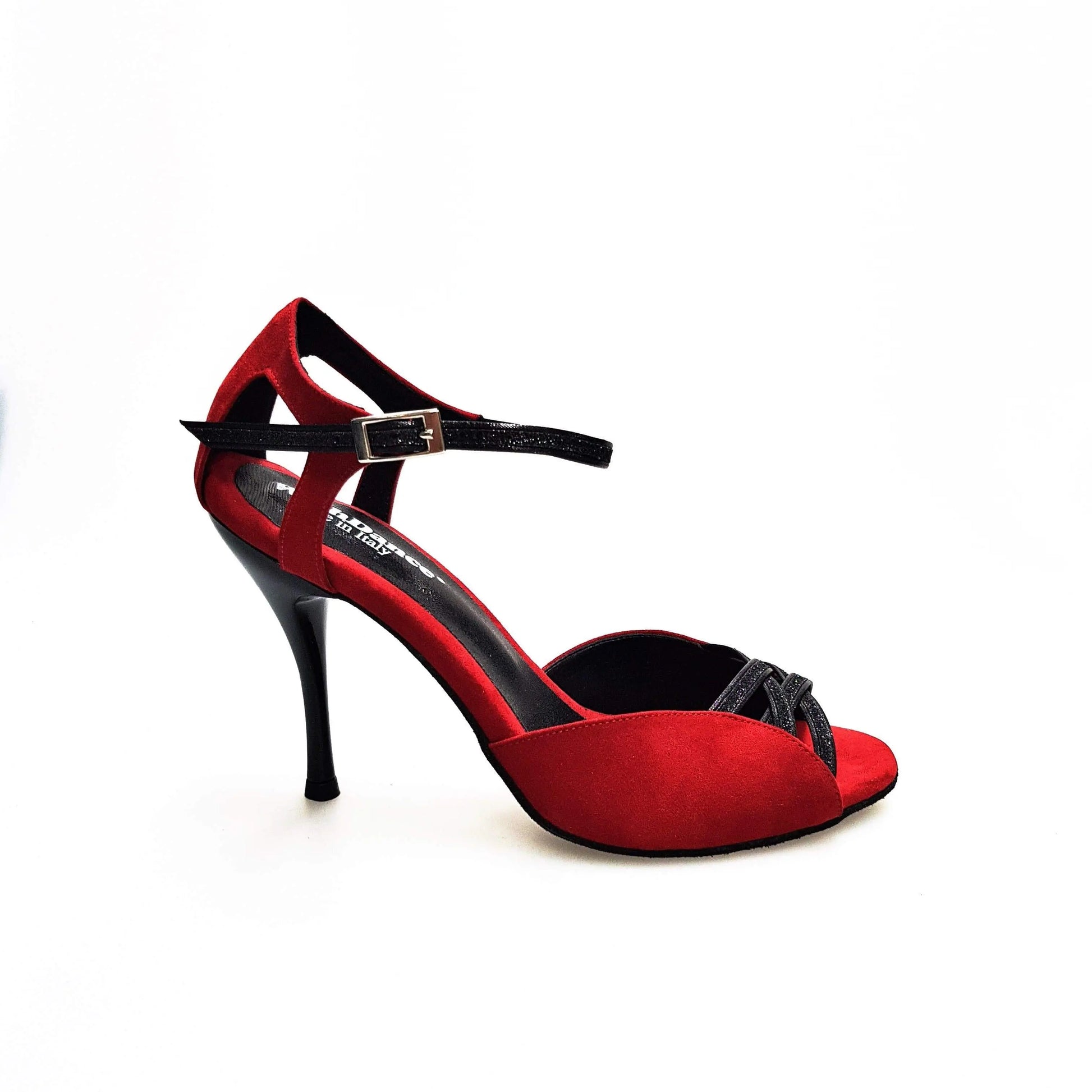 Sandalo donna Morgane Scarlett in camoscio rosso con fascette in glitter nero e tacco a spillo smaltato nero.