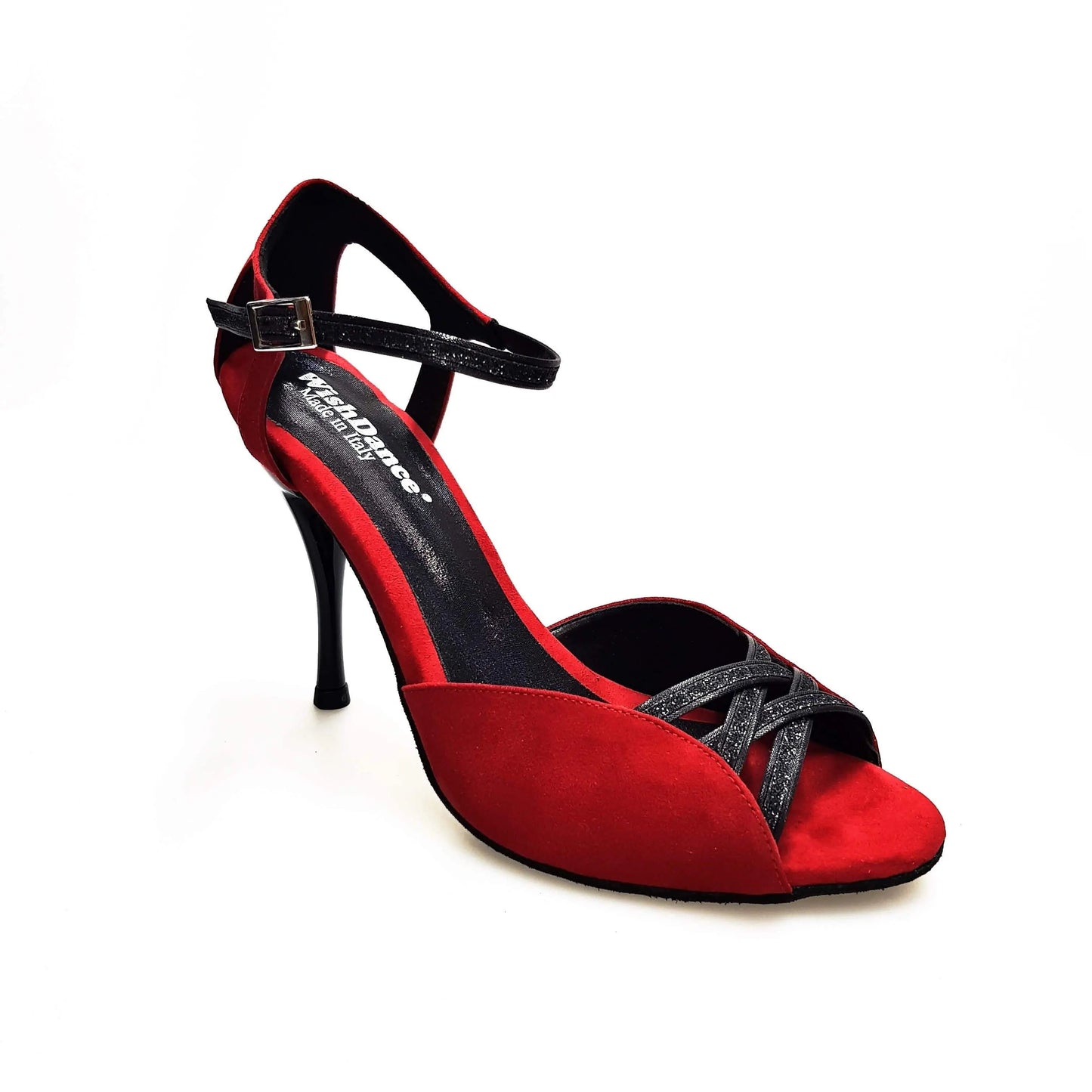 Scarpa donna Morgane Scarlett in camoscio rosso con fascette in glitter nero e tacco a spillo smaltato nero.