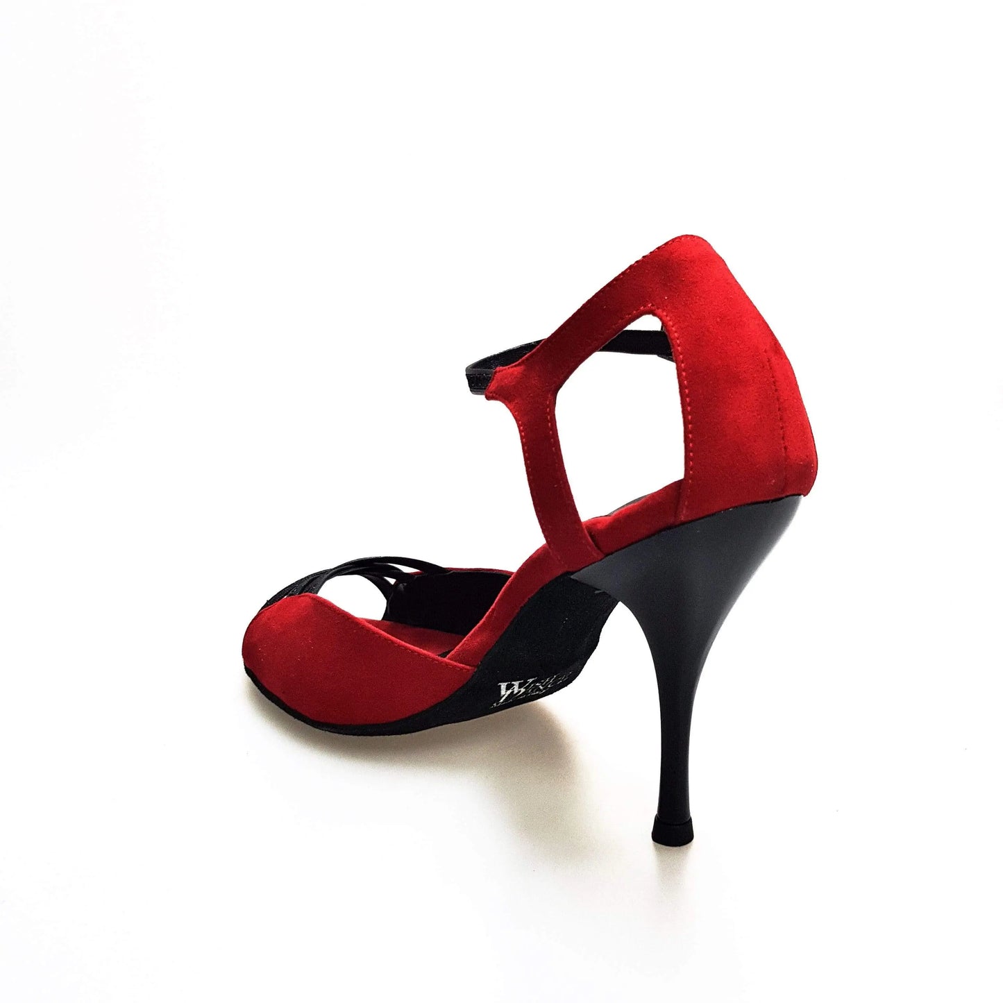 Sandalo da donna Morgane Scarlett Wish Dance Shop in camoscio rosso con fascette glitter nere e tacco a spillo smaltato nero