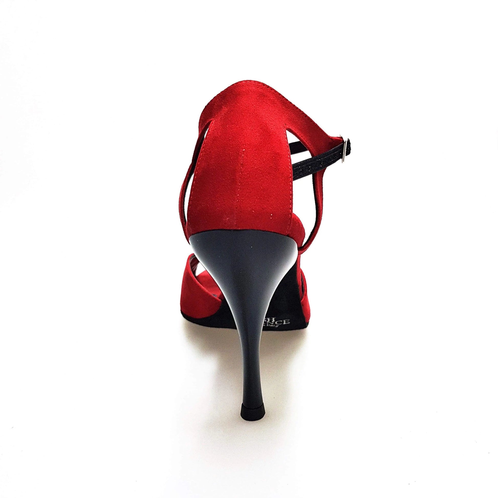 Sandalo donna Morgane Scarlett in camoscio rosso con fascette in glitter nero e tacco a spillo smaltato nero