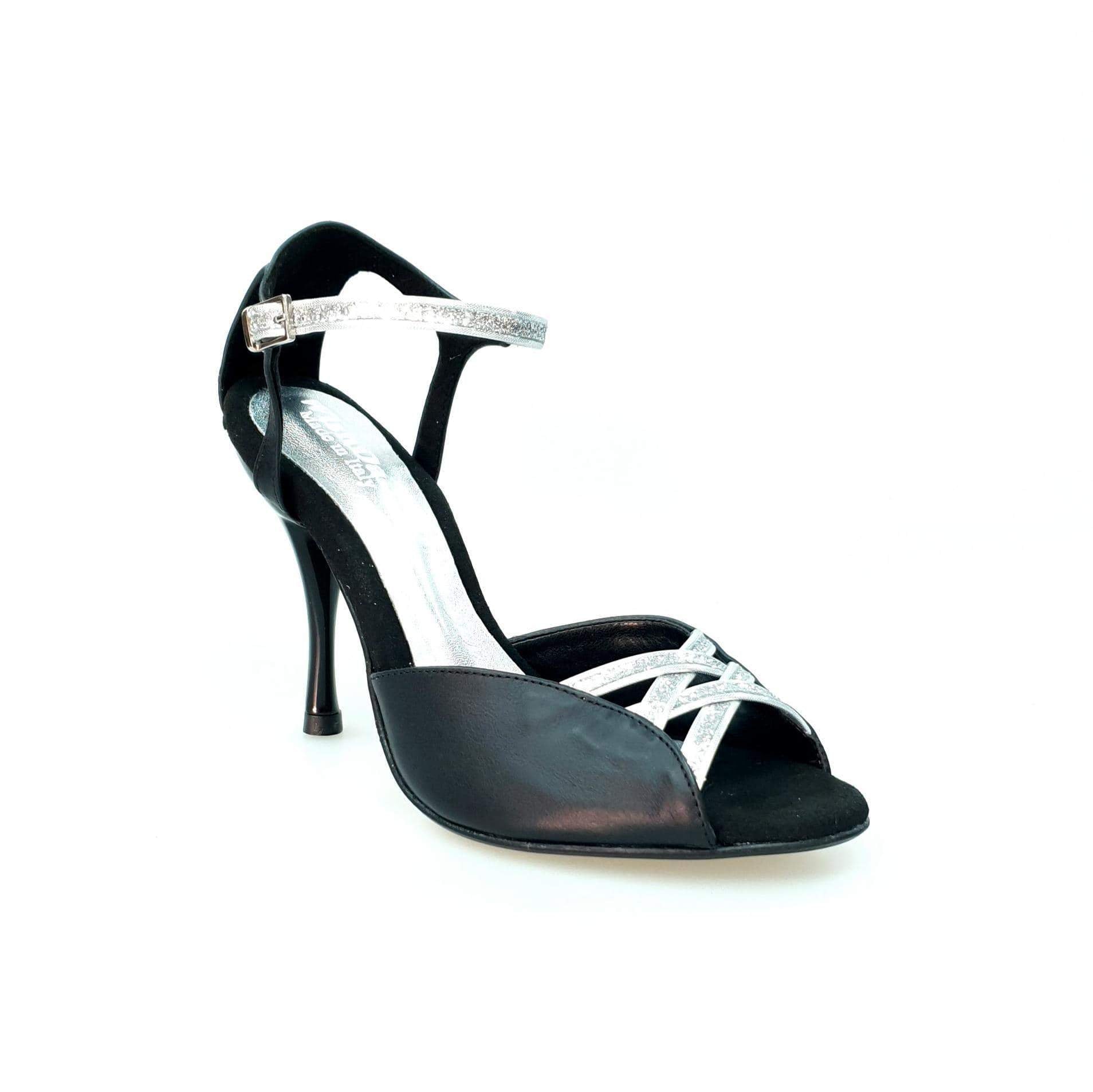 Sandalo donna Morgane Scarlett Wish Dance Shop in pelle nera con fascette in glitter argento e tacco a spillo in alluminio smaltato nero