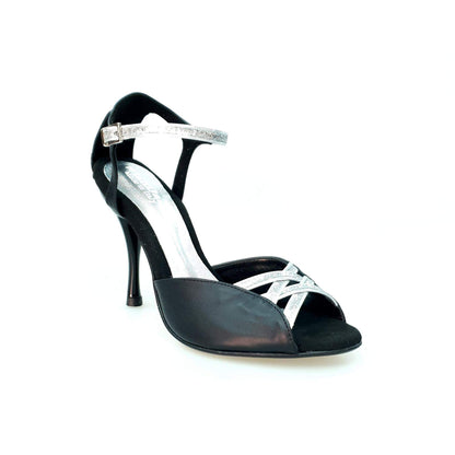 Sandalo donna Morgane Scarlett Wish Dance Shop in pelle nera con fascette in glitter argento e tacco a spillo in alluminio smaltato nero