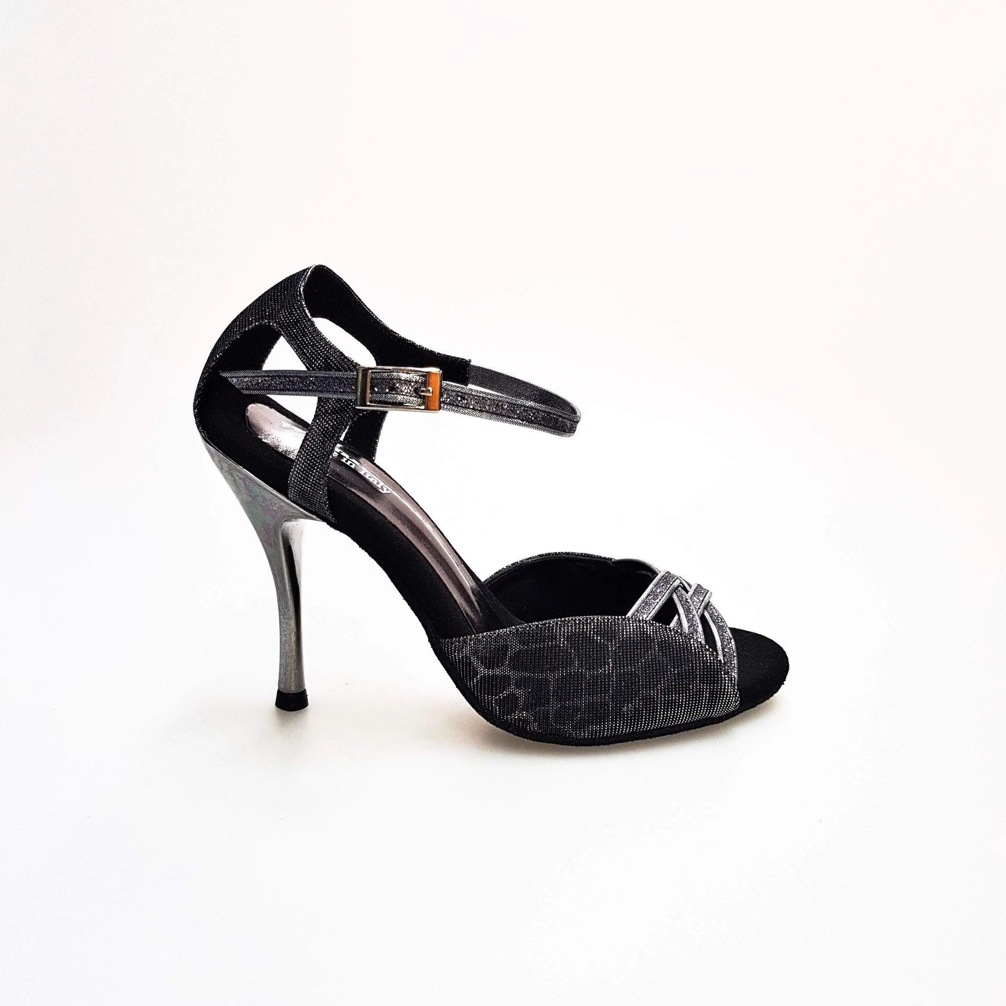 Sandalo donna Morgane Scarlett in Sunset Carbon con fasce glitter e tacco laminato, scarpa Wish Dance Shop.
