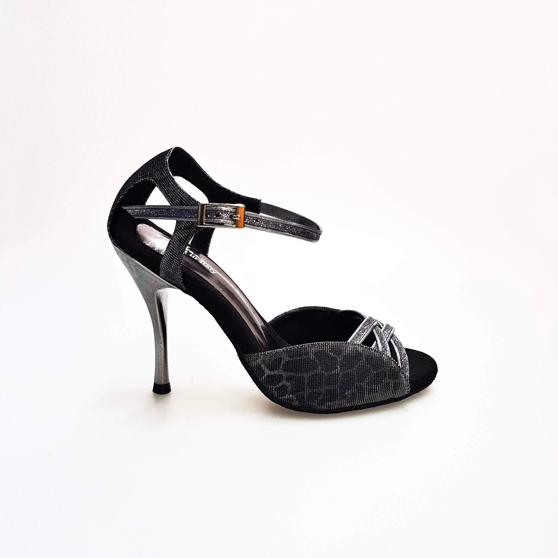 Sandalo donna Morgane Scarlett in Sunset Carbon con fasce glitter e tacco laminato, scarpa Wish Dance Shop.