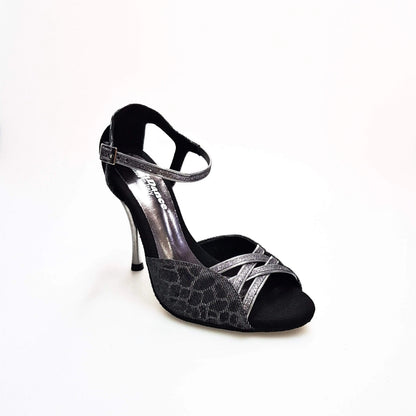 Scarpa donna Morgane Scarlett (691) Wish Dance Shop, sandalo Sunset Carbon con fascette glitter e tacco spillo laminato.