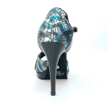 Sandalo donna Xena (698X) in boa blu e vernice nera con plateau e tacco a spillo, scarpa elegante Wish Dance Shop