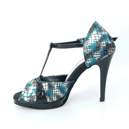 Sandalo donna Wish Dance Shop Xena in boa blu e vernice nera con plateau e tacco a spillo, elegante e alla moda.