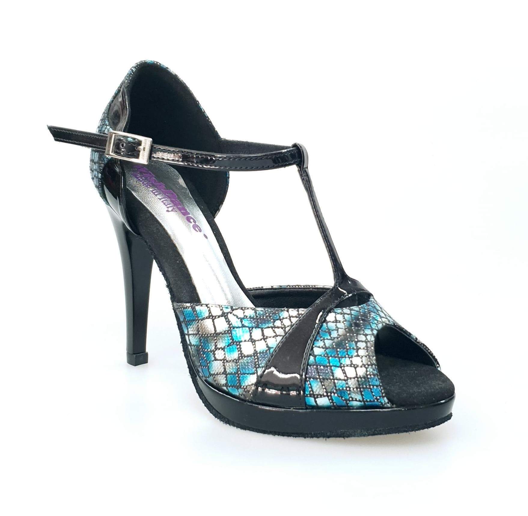 Xena 698X Woman s Sandal in Blue Boa and Black Patent Leather